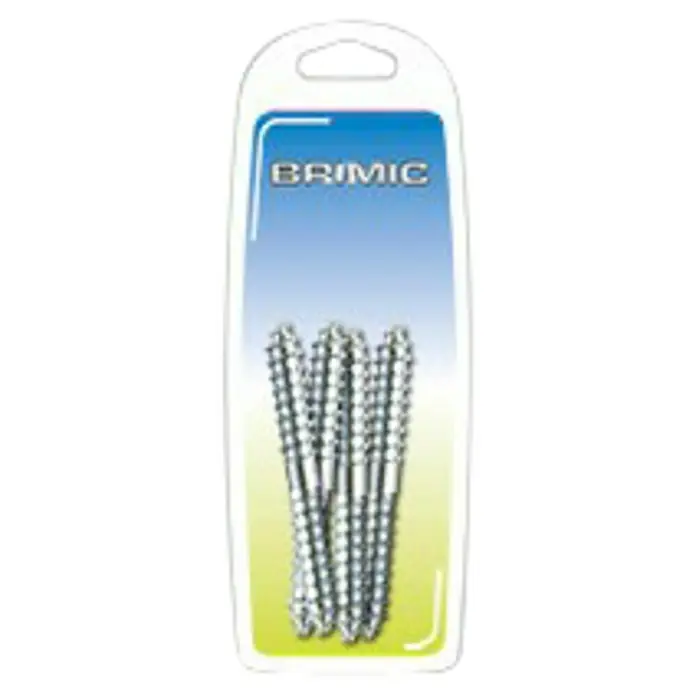 Micel Brimic Tornillo para madera - Ø x L: 8 x 70 mm, Zincado, 8 ud. - Primer plano de un paquete Brimi que contiene 4 tornillos, perfectamente embalados en un envase de plástico transparente, ideal para proyectos de bricolaje.