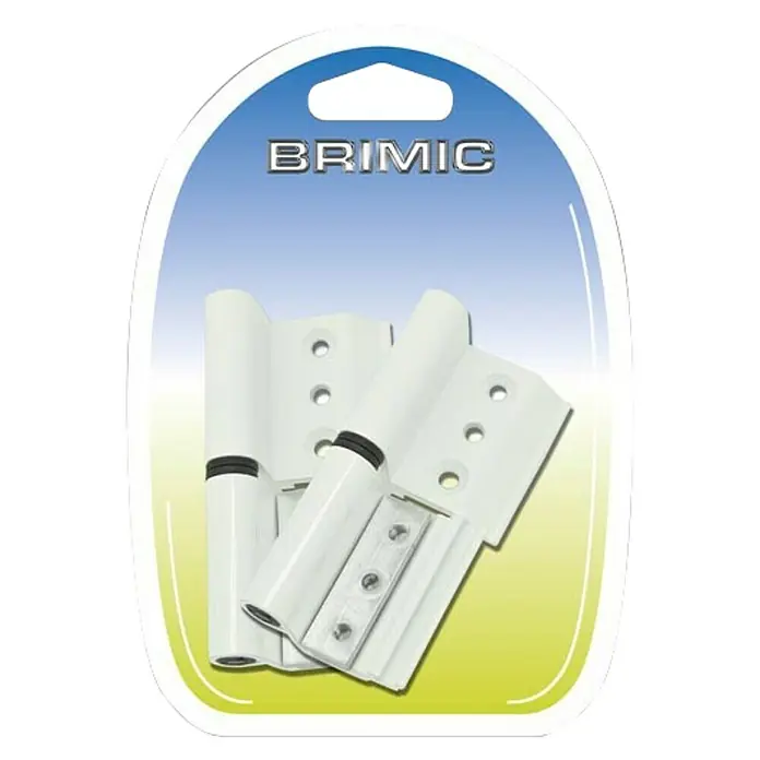 Micel Brimic Bisagra 6813 - L x An: 170 x 120 mm, Apertura según normativa: DIN-derecha - Un primer plano de las bisagras para puertas BRIMIC en embalaje blanco, ideales para proyectos de bricolaje y reparaciones de puertas.