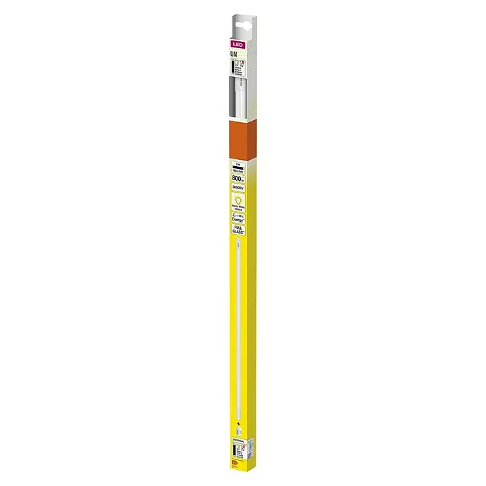 Osram LED-Röhre T8 - Länge: 60,3 cm, Warmweiß, 8 W, 800 lm, G13 - Abbildung einer LED-Leuchtstoffröhre in der Verpackung. Die Röhre ist für den Einsatz mit und ohne Starter geeignet und spart bis zu 55 % Energie.