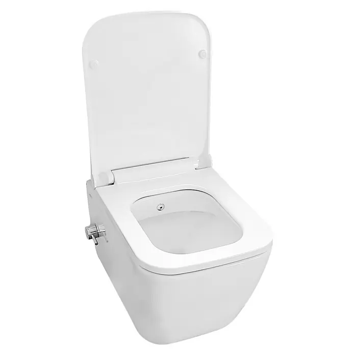 Temtasi Lavita Wand-Dusch-WC - Spülrandlos, Mit schmutzabweisender Glasur, Spülform: Tief, WC Abgang: Waagerecht, Weiß - Ein Wand-WC mit offenem Deckel und integrierter Bidetfunktion für moderne Badezimmer, das Hygiene und Komfort vereint.
