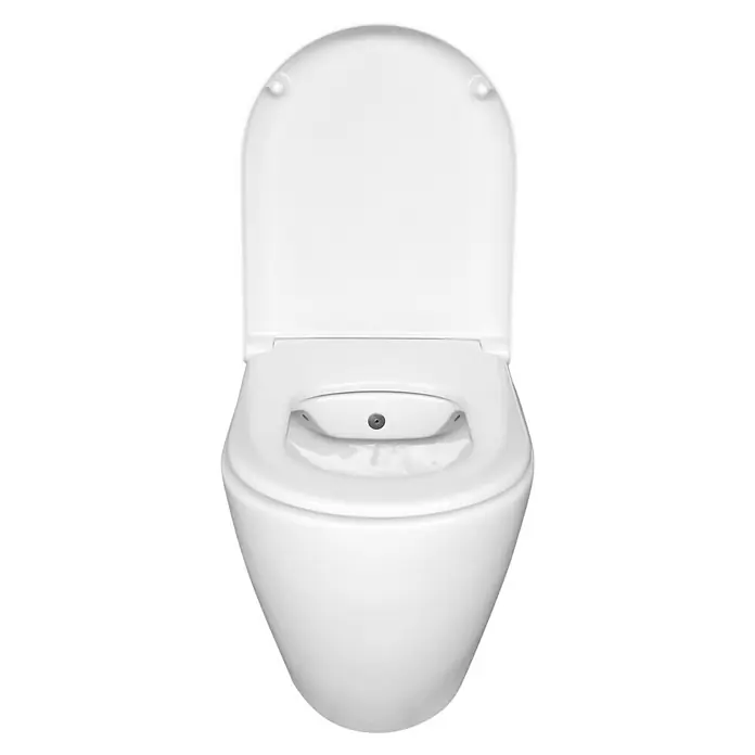 Temtasi Wand-Dusch-WC Alesta - Spülrandlos, Mit schmutzabweisender Glasur, Spülform: Tief, WC Abgang: Waagerecht, Weiß - Nahaufnahme einer weißen Toilette mit Bidetfunktion, der Deckel ist geöffnet. Das Design ist modern und minimalistisch gehalten.