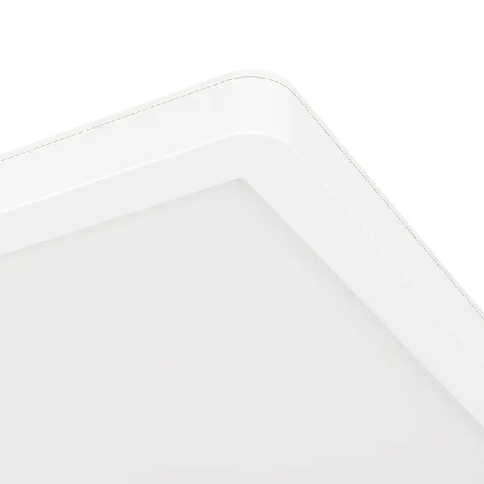 Eglo LED-Deckenleuchte Minerario - 16,4 W, L x B x H: 29 x 29 x 3 cm, Weiß, Warmweiß - Nahaufnahme einer eleganten, weißen Deckenleuchte mit abgerundeten Ecken und einem modernen, minimalistischen Design.