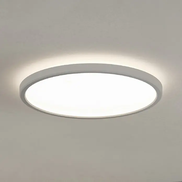 Eglo LED-Deckenleuchte Minerario - 16,4 W, Ø x H: 30 x 3 cm, Weiß, Warmweiß - Eine moderne, runde LED-Deckenleuchte mit einem schlichten, grauen Rahmen, die ein helles, gleichmäßiges Licht verbreitet.