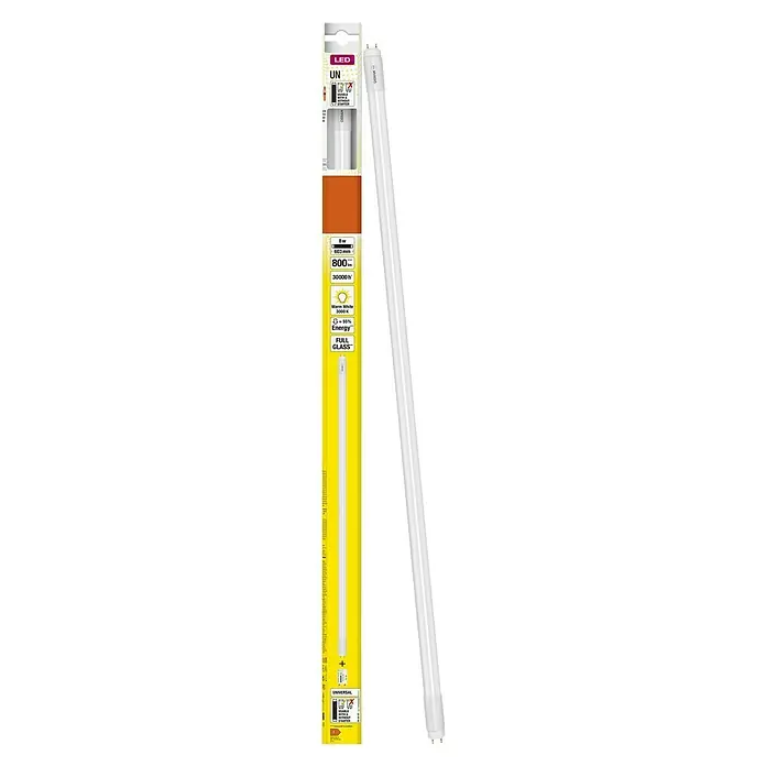 Osram LED-Röhre T8 - Länge: 60,3 cm, Warmweiß, 8 W, 800 lm, G13 - Eine LED-Röhre von Osram mit Verpackung, die die Energieeffizienz und die lange Lebensdauer bewirbt.