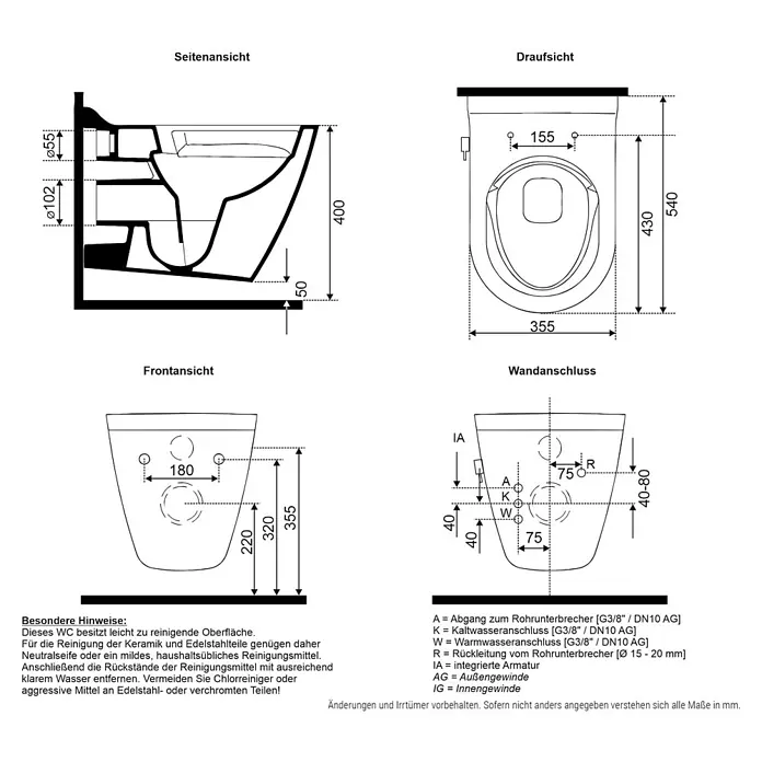 Temtasi Wand-Dusch-WC Alesta - Spülrandlos, Mit schmutzabweisender Glasur, Spülform: Tief, WC Abgang: Waagerecht, Weiß - Technische Zeichnung einer modernen Hänge-Toilette mit Abmessungen und Anschlüssen für Sanitärinstallationen.