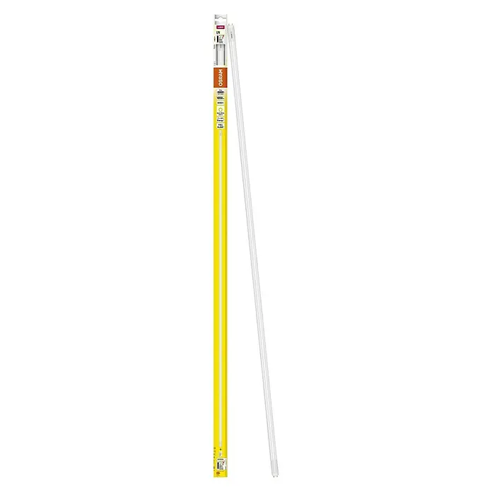 Osram LED-Röhre T8 - Länge: 121,1 cm, Warmweiß, 18 W, 1.850 lm, G13 - Eine Osram LED-Röhre in ihrer gelben Verpackung, daneben eine weitere LED-Röhre ohne Verpackung. Praktische & stromsparende Beleuchtung.