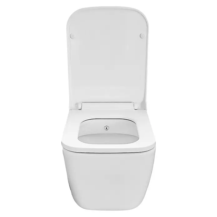 Temtasi Lavita Wand-Dusch-WC - Spülrandlos, Mit schmutzabweisender Glasur, Spülform: Tief, WC Abgang: Waagerecht, Weiß - Frontansicht einer weißen Toilette mit offenem Deckel. Das Design ist modern und minimalistisch, perfekt für jedes Badezimmer.
