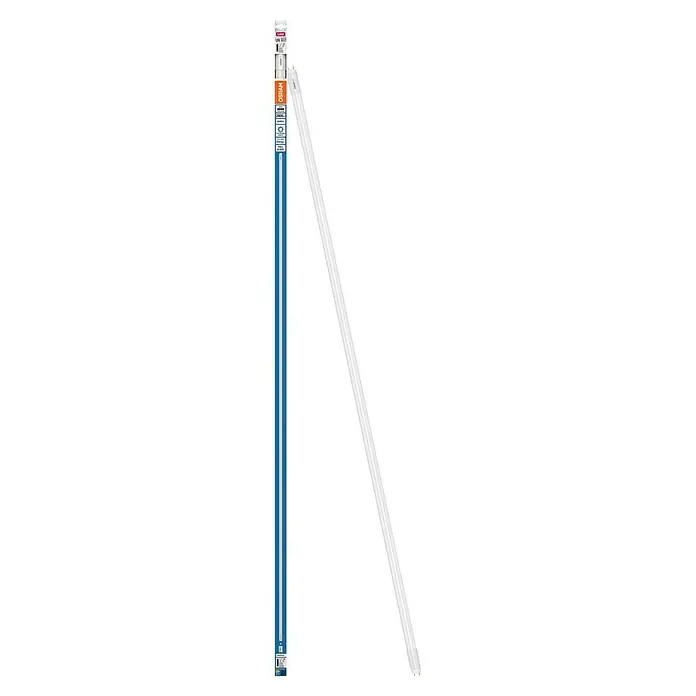 Osram LED-Röhre T8 - Länge: 151,3 cm, Tageslichtweiß, 24 W, 2.800 lm, G13 - Ein Osram LED-Röhrenlicht und seine Verpackung. Die lange Röhre liegt daneben, während die Verpackung aufrecht steht und ihre Details zeigt.