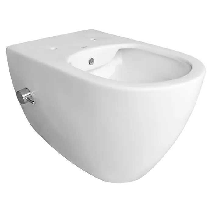 Temtasi Wand-Dusch-WC Alesta - Spülrandlos, Mit schmutzabweisender Glasur, Spülform: Tief, WC Abgang: Waagerecht, Weiß - Nahaufnahme einer modernen, wandhängenden Bidetarmatur in Weiß, die Eleganz und Funktionalität für jedes Badezimmer verspricht.