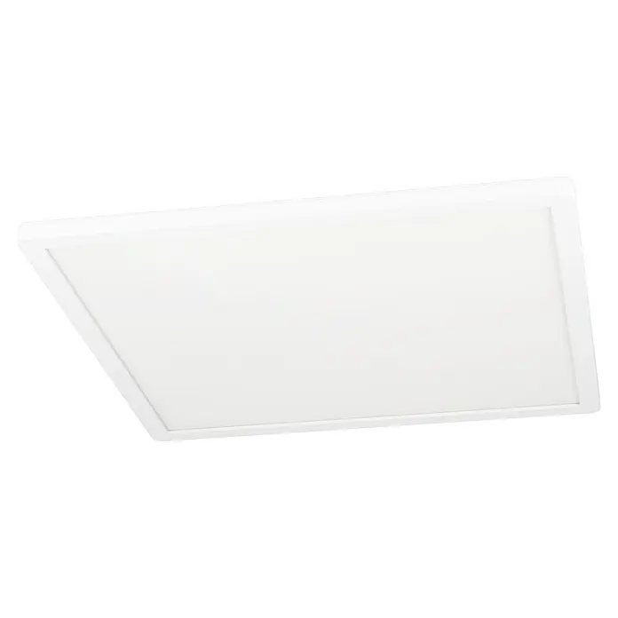 Eglo LED-Deckenleuchte Minerario - 20,2 W, L x B x H: 39 x 39 x 3 cm, Weiß, Warmweiß - Nahaufnahme einer quadratischen, weißen LED-Deckenleuchte mit schlankem Rahmen, ideal für moderne Innenräume und energieeffiziente Beleuchtung.