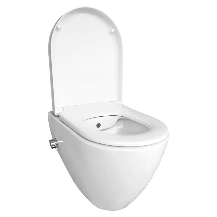 Temtasi Wand-Dusch-WC Alesta - Spülrandlos, Mit schmutzabweisender Glasur, Spülform: Tief, WC Abgang: Waagerecht, Weiß - Das Bild zeigt eine wandhängende Toilette in Weiß mit offenem Deckel, ein modernes Design für Badezimmer.