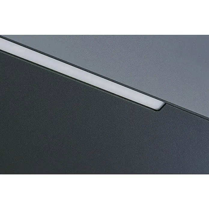 Gutta Rechteckvordach BS Plus 200 UP WSP - 200 x 90 x 15,5 cm, Wasserspeier links - Nahaufnahme einer modernen, grauen Oberfläche mit einer eingelassenen, leuchtenden Leiste, die ein minimalistisches Design hervorhebt.
