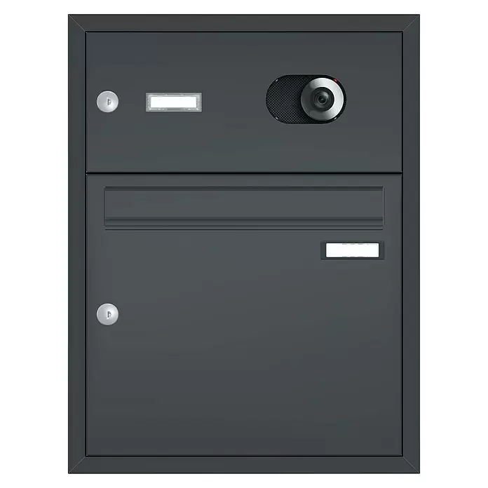 Gutta Rechteckvordach BS Plus 160 UP ST BK Video - 160 x 90 x 15,5 cm, Seitenteil links, Briefkastenanlage Anthrazit mit Video-Funktion - Dunkelgrauer Briefkasten mit Einwurfschlitz, zwei Schlössern, zwei Etikettenhaltern und integrierter Kamera mit rotem Licht.