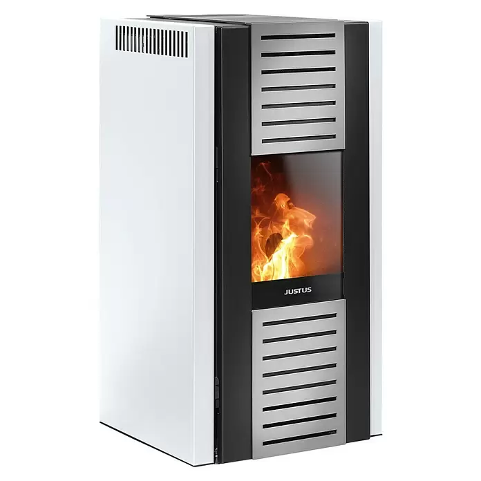 Justus Pelletofen Sirkos 2.0 - 2,5 kW - 6 kW, Raumheizvermögen: 160 m³, Schwarz/Seidenweiß - Moderner weißer und schwarzer Pelletofen mit silbernen Gittern und Glasfront mit Flammen.