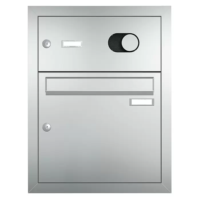 Gutta Rechteckvordach Gutta BS Plus 200 UP ST BK Audio - 200 x 90 x 15,5 cm, Seitenteil links, Briefkastenanlage Edelstahl mit Audio-Funktion - Silberner Metallbriefkasten mit zwei Fächern, Einwurfschlitz und integrierten Namensschildern.