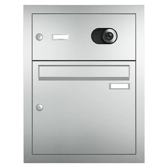 Gutta Rechteckvordach BS Plus 200 UP ST BK Video - 200 x 90 x 15,5 cm, Seitenteil links, Briefkastenanlage Edelstahl mit Video-Funktion - Silberner Briefkasten mit integrierter Gegensprechanlage/Kamera, Briefschlitz und zwei Schlössern.
