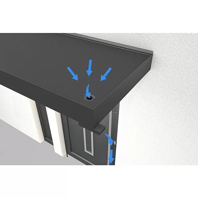 Gutta Rechteckvordach BS Plus 200 UP WSP - 200 x 90 x 15,5 cm, Wasserspeier rechts - Dunkelgraues Flachdachvordach mit integriertem Entwässerungssystem, das Wasser in einen Ablauf leitet.