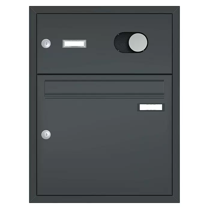 Gutta Rechteckvordach Gutta BS Plus 200 UP ST BK Audio - 200 x 90 x 15,5 cm, Seitenteil rechts, Briefkastenanlage Anthrazit mit Audio-Funktion - Dunkelgrauer Metallbriefkasten mit Einwurf, zwei Schlössern, zwei Namensschildfenstern und einer Gegensprechanlage.