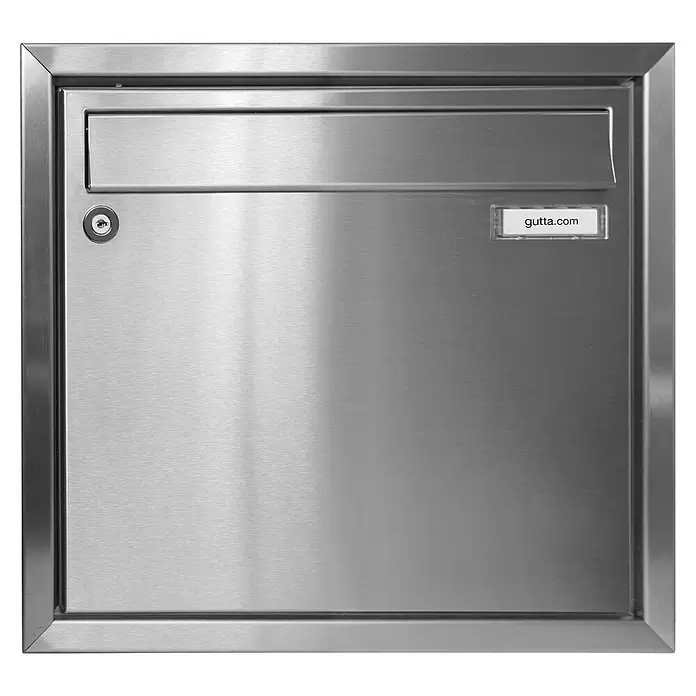 Gutta Rechteckvordach BS Plus 200 UP ST BK - 200 x 90 x 15,5 cm, Seitenteil links, Briefkasten Edelstahl - Quadratischer Briefkasten aus Edelstahl mit horizontalem Einwurfschlitz, Schloss und 'gutta.com' Namensschild.