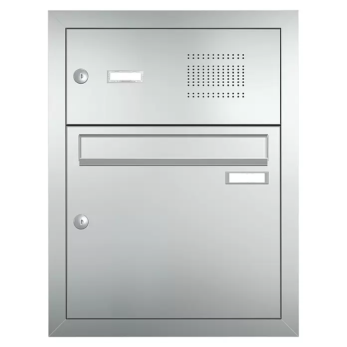 Gutta Rechteckvordach BS Plus 200 UP ST BK FUKA - 200 x 90 x 15,5 cm, Seitenteil rechts, Briefkastenanlage Edelstahl - Edelstahl-Sprechanlage und Briefkasten mit zwei Schlüsselschlössern, zwei Namensschildern, Lautsprechergitter und einem Briefschlitz.
