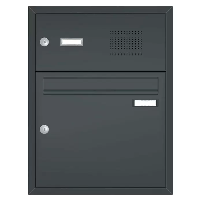 Gutta Rechteckvordach BS Plus 200 UP ST BK FUKA - 200 x 90 x 15,5 cm, Seitenteil rechts, Briefkastenanlage Anthrazit - Dunkelgrauer Metallbriefkasten mit Einwurfschlitz, zwei Schlössern, Sprechgitter und zwei Namensschildhaltern.