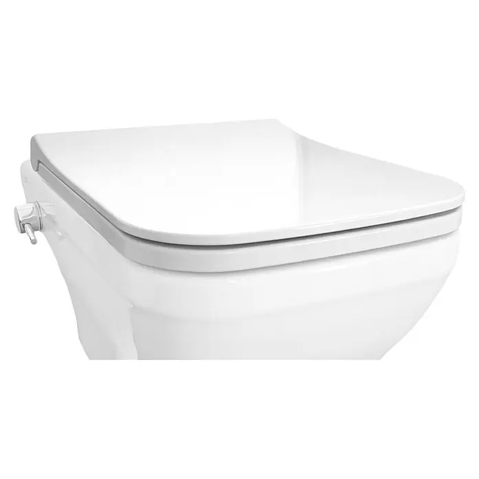 Temtasi Lavita WC-Sitz - Mit Absenkautomatik, Duroplast, Weiß - Nahaufnahme einer modernen, wandhängenden Toilette in Weiß mit einer grauen WC-Brille.