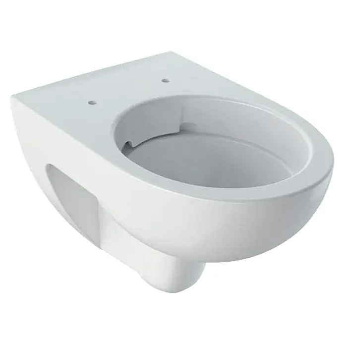 Geberit Renova Wand-WC - Spülrandlos, Ohne Spezialglasur, Spülform: Tief, WC Abgang: Waagerecht, Weiß - Nahaufnahme einer weißen, wandmontierten Toilette mit glatten Konturen und minimalistischem Design für das moderne Badezimmer.