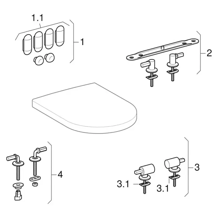 Geberit iCon WC-Sitz Typ 2 - Duroplast, Weiß, Mit Absenkautomatik - Explosionszeichnung eines weißen Toilettensitzes mit Metall- und Kunststoffscharnieren, Puffern und Montageteilen.