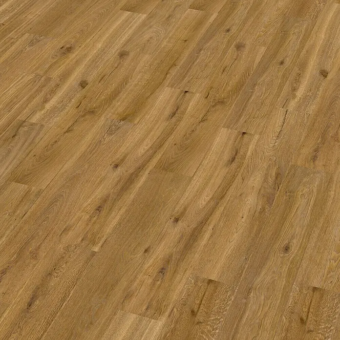 Decolife Designboden Naturestyle Pure - Oak Amber, Landhausdiele, 1.220 x 185 x 9 mm - Nahaufnahme eines eleganten Laminatbodens in warmen Holztönen, der eine gemütliche Atmosphäre ausstrahlt.