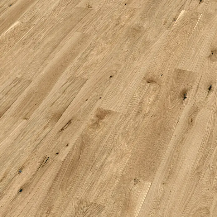 Decolife Designboden Naturestyle Pure - Oak Rustic, Landhausdiele, 1.220 x 185 x 9 mm - Ansicht einer Eichenparkettfläche mit natürlicher Farbgebung und charakteristischen Holzmerkmalen für eine warme Raumausstrahlung.