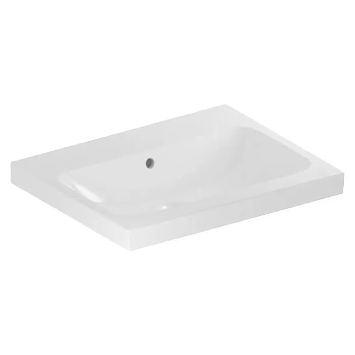 Geberit iCon Light Waschtisch - 60 x 48 cm, Ohne Spezialglasur, Hahnloch: Ohne, Mit Überlauf, Weiß - Weißes rechteckiges Keramik-Waschbecken mit einem Hahnloch.