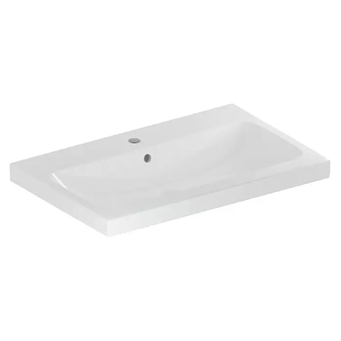 Geberit iCon Light Waschtisch - 75 x 48 cm, Mit schmutzabweisender Glasur, Hahnloch: Mitte, Mit Überlauf, Weiß - Weißes, rechteckiges Keramik-Waschbecken mit Hahnloch und Überlauf.