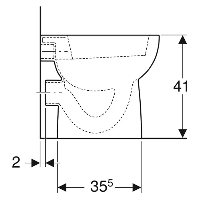 Geberit Renova Stand-WC - Mit Spülrand, Ohne Spezialglasur, Spülform: Flach, WC Abgang: Waagerecht, Weiß - Abbildung einer Toilette mit den Maßen 41 cm Höhe, 2 cm Wandabstand und 35,5 cm Breite.