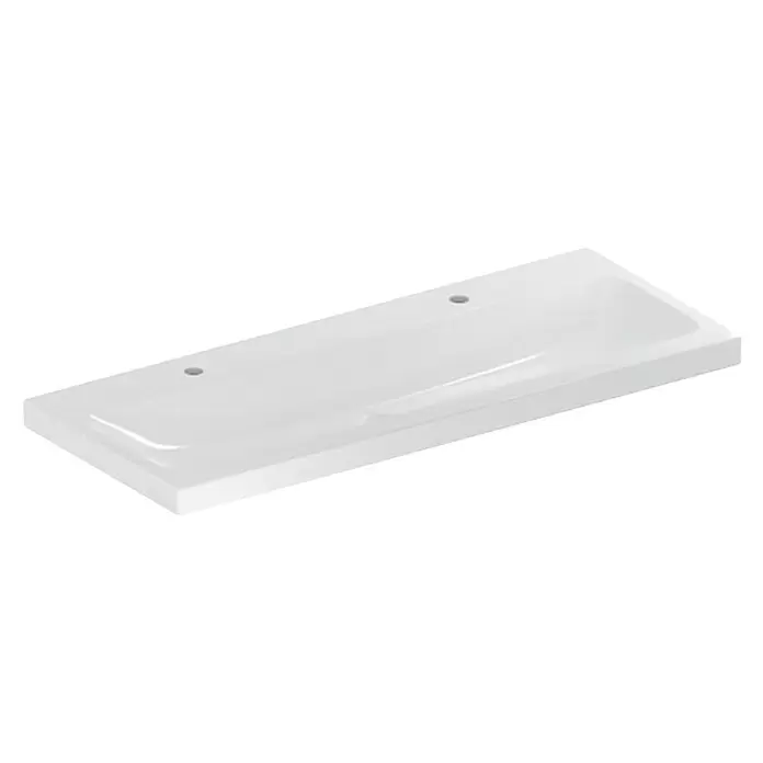 Geberit iCon Light Doppelwaschtisch - 120 x 48 cm, Ohne Spezialglasur, Hahnloch: Links, Ohne Überlauf, Weiß - Rechteckiges, weißes Doppelwaschbecken aus Keramik mit zwei Hahnlöchern.