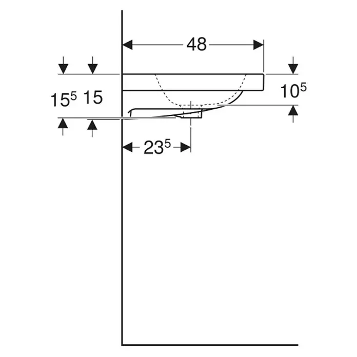Geberit iCon Light Waschtisch - 120 x 48 cm, Ohne Spezialglasur, Hahnloch: Ohne, Ohne Überlauf, Weiß - Seitenansicht-Zeichnung eines Waschbeckens mit Maßen.