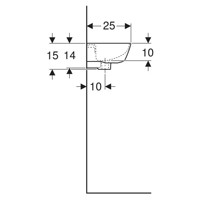 Geberit Renova Waschbecken - B x L: 36 x 25 cm, Ohne Spezialglasur, Hahnloch: Rechts, Mit Überlauf, Weiß - Maßzeichnung eines Waschtisches mit den Maßen 10, 14, 15 und 25 cm.