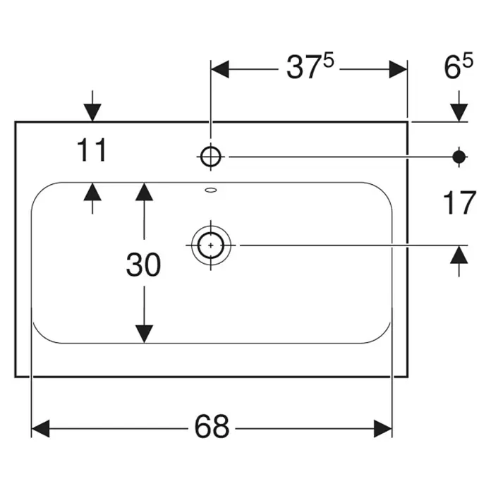 Geberit iCon Light Waschtisch - 75 x 48 cm, Ohne Spezialglasur, Hahnloch: Mitte, Ohne Überlauf, Weiß - Bemaßte technische Zeichnung eines rechteckigen Waschbeckens mit Positionen für Wasserhahn und Abfluss.