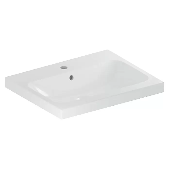 Geberit iCon Light Waschtisch - 60 x 48 cm, Ohne Spezialglasur, Hahnloch: Mitte, Mit Überlauf, Weiß - Weißes rechteckiges Keramikwaschbecken mit Hahnloch und Überlauf.
