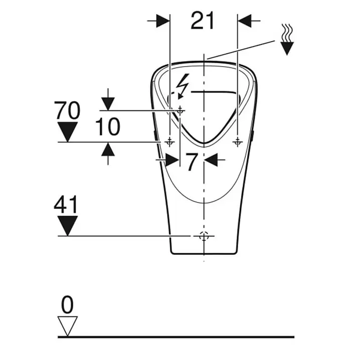 Geberit Renova Urinal - Unbeschichtet, Zulauf: Oben, Absaugspülung, Farbe: Weiß - Technische Zeichnung eines Urinals mit Einbaumaßen und Anschlussstellen.