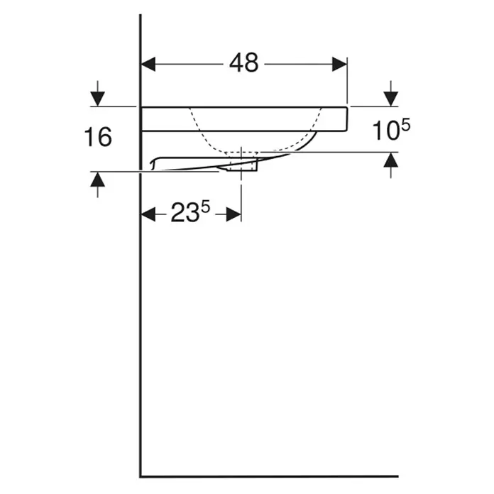 Geberit iCon Light Waschtisch - 90 x 48 cm, Mit schmutzabweisender Glasur, Hahnloch: Ohne, Ohne Überlauf, Weiß, Mit Ablagefläche - Technische Zeichnung eines Waschbeckens, Seitenansicht, mit detaillierten Maßen für die Installation.