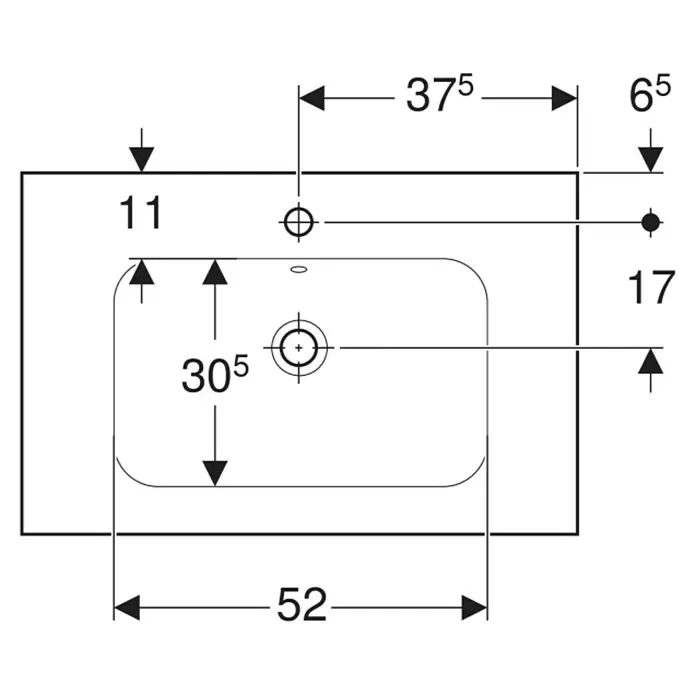 Geberit iCon Light Waschtisch - 75 x 48 cm, Mit schmutzabweisender Glasur, Hahnloch: Mitte, Mit Überlauf, Weiß, Mit Ablagefläche - Technische Zeichnung eines rechteckigen Waschbeckens mit Draufsicht-Maßen für Installation, inkl. Beckenbreite, -tiefe, sowie Hahn- und Überlauflochpositionen.