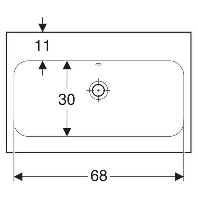 Geberit iCon Light Waschtisch - 75 x 48 cm, Mit schmutzabweisender Glasur, Hahnloch: Ohne, Mit Überlauf, Weiß - Technische Zeichnung eines rechteckigen Waschbeckens mit Maßen: Gesamtbreite 68, Beckentiefe 30, hinterer Abstand 11.