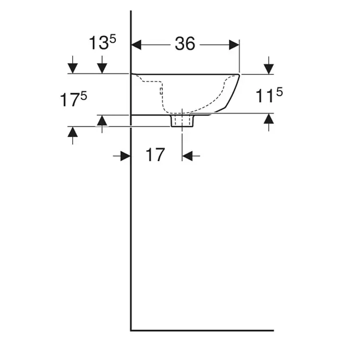 Geberit Renova Waschbecken - B x L: 45 x 36 cm, Mit schmutzabweisender Glasur, Hahnloch: Ohne, Mit Überlauf, Weiß - Seitenansicht technische Zeichnung eines Waschbeckens mit Installationsmaßen.
