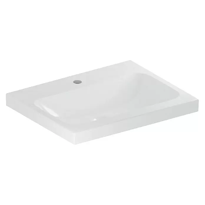 Geberit iCon Light Waschtisch - 60 x 48 cm, Mit schmutzabweisender Glasur, Hahnloch: Mitte, Ohne Überlauf, Weiß - Weißes Keramik-Waschbecken mit einem Hahnloch, für das Badezimmer.