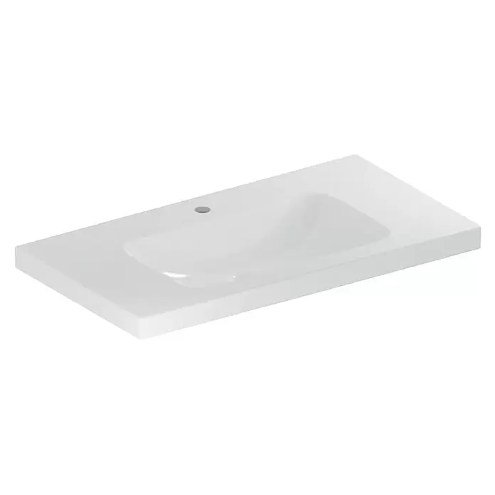 Geberit iCon Light Waschtisch - 90 x 48 cm, Mit schmutzabweisender Glasur, Hahnloch: Mitte, Ohne Überlauf, Weiß, Mit Ablagefläche - Weißes Waschbecken mit integrierter Arbeitsplatte.