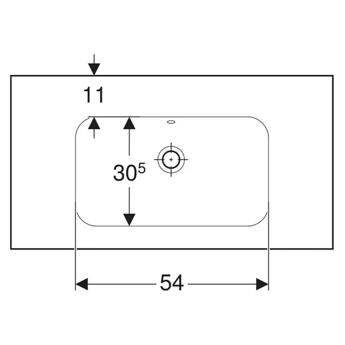 Geberit iCon Light Waschtisch - 90 x 48 cm, Mit schmutzabweisender Glasur, Hahnloch: Ohne, Mit Überlauf, Weiß, Mit Ablagefläche - Technische Zeichnung eines rechteckigen Spülbecken- oder Kochfeldausschnitts mit abgerundeten Ecken, zeigt Maße 11, 305, 54 und einen zentralen Bohrpunkt.