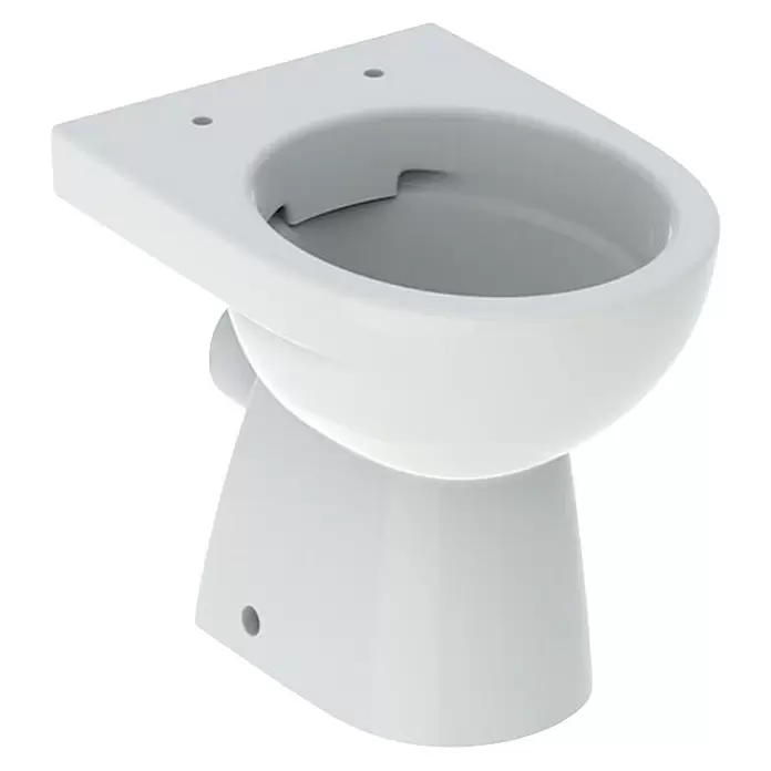 Geberit Renova Stand-WC - Spülrandlos, Ohne Spezialglasur, Spülform: Tief, WC Abgang: Waagerecht, Weiß - Weißes Keramik-Tiefspül-WC, wandbündig, mit Sitzbefestigungslöchern.