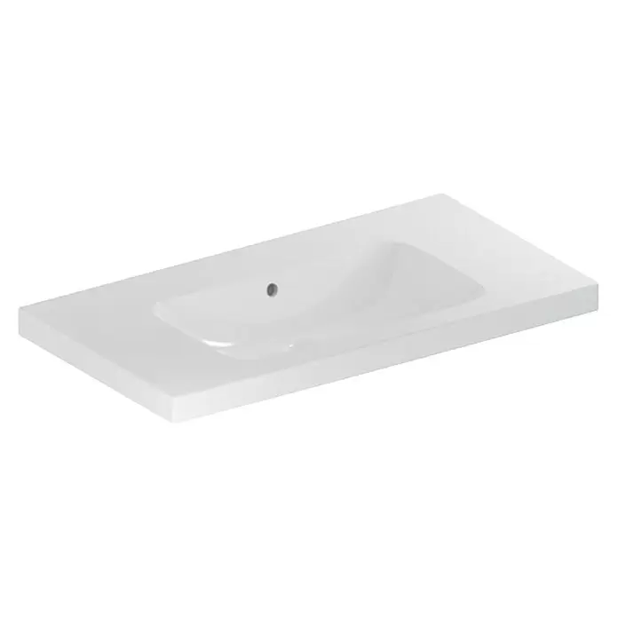 Geberit iCon Light Waschtisch - 90 x 48 cm, Mit schmutzabweisender Glasur, Hahnloch: Ohne, Mit Überlauf, Weiß, Mit Ablagefläche - Weiße Waschtischplatte mit integriertem Becken und Hahnloch.