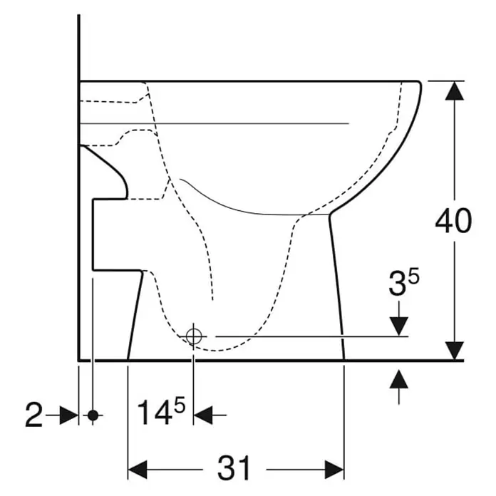 Geberit Renova Stand-WC - Spülrandlos, Ohne Spezialglasur, Spülform: Tief, WC Abgang: Waagerecht, Weiß - Technisches Diagramm eines WCs, Seitenansicht mit Maßen.