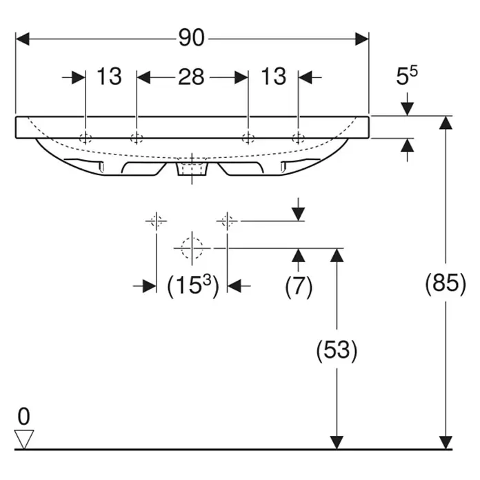 Geberit iCon Light Waschtisch - 90 x 48 cm, Mit schmutzabweisender Glasur, Hahnloch: Ohne, Ohne Überlauf, Weiß - Maßzeichnung eines Waschbeckens zur Installationsplanung.